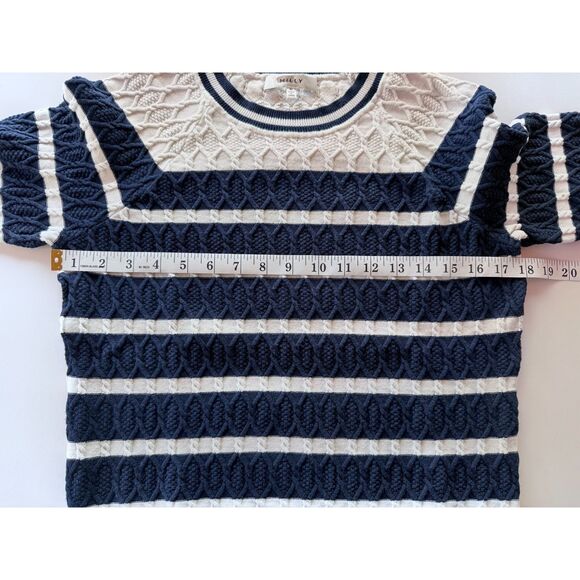 MILLY Stripe Textured Cable Stitch Crew Neck Sweater in Navy & White Size Medium - Picture 12 of 13